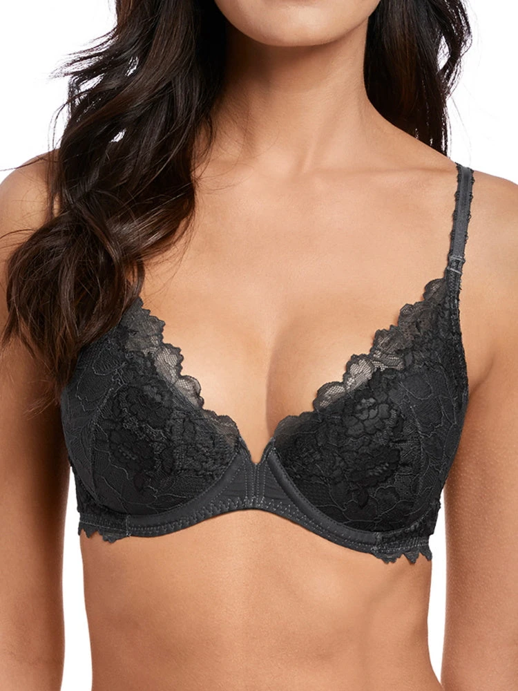 Wacoal Lace Perfection Plunge Push Up Bra - Charcoal 1 Wacoal Lace Perfection Plunge Push Up Bra - Charcoal